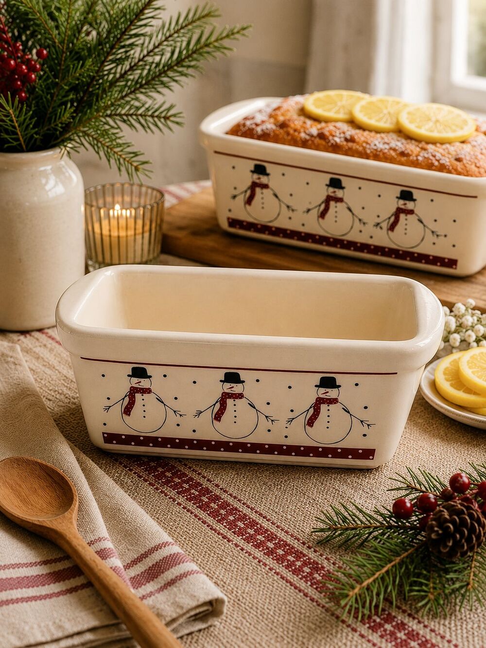 Century Snowman Ceramic Loaf Pan Baking Dish Christmas Lemon Bread 6" x 3"